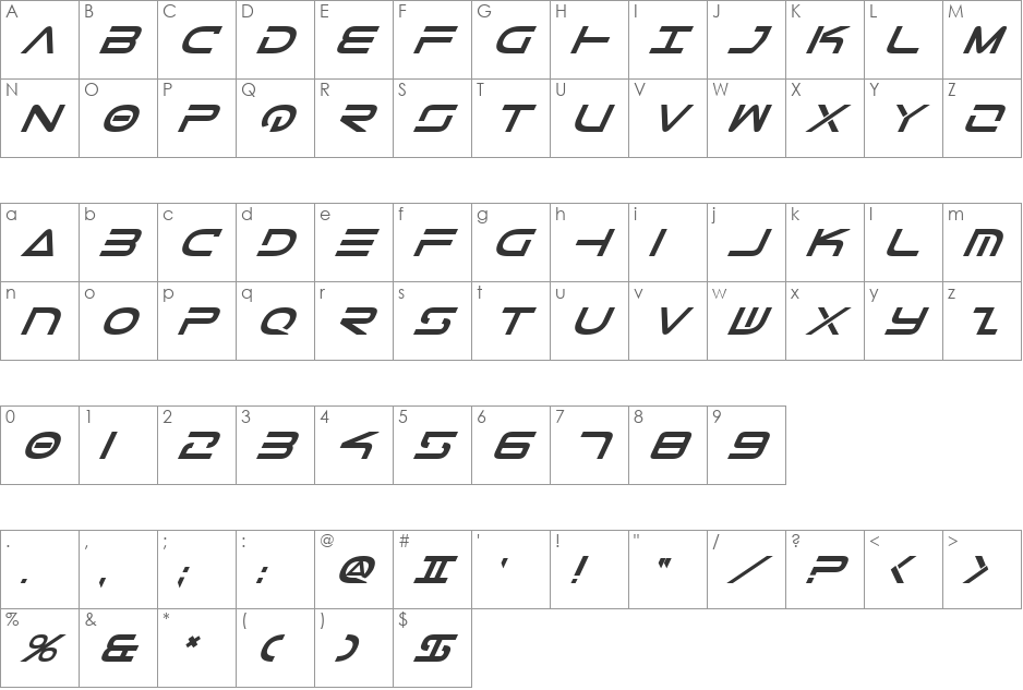 Tele-Marines Bold Italic font character map preview