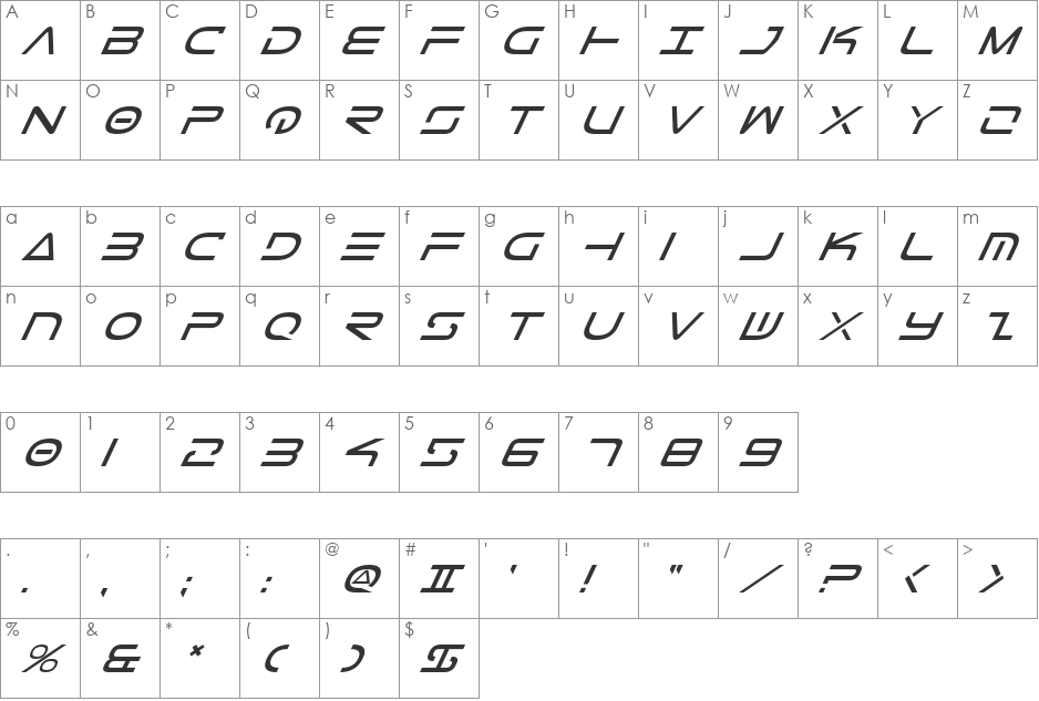 Tele-Marines Italic font character map preview