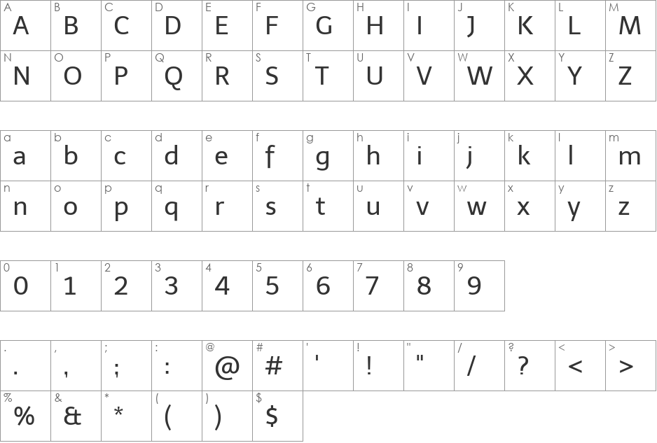 Telex Regular font character map preview