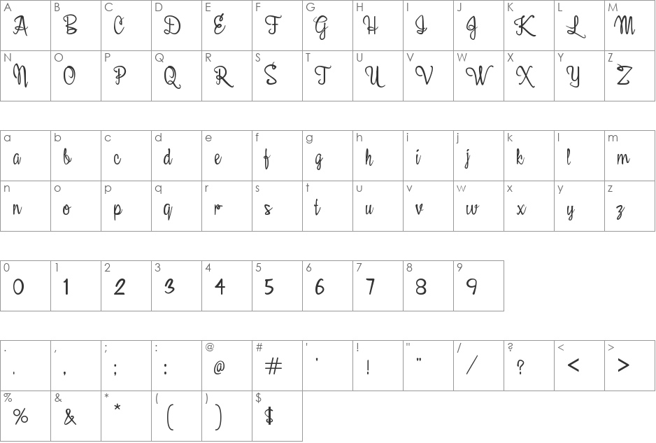 Belle Script font character map preview