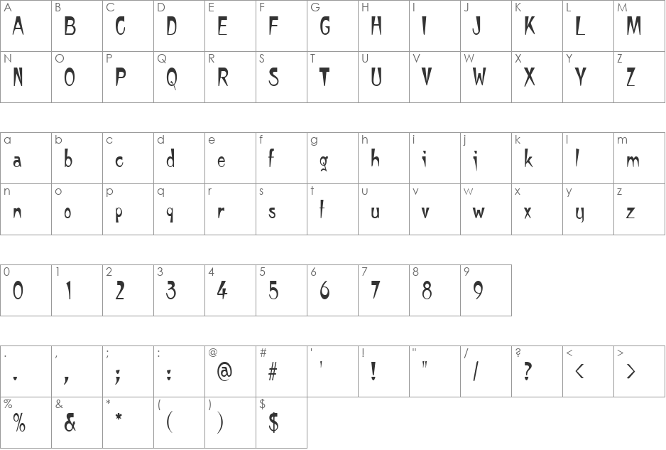 TempuraNarrow font character map preview