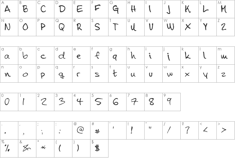Tena font character map preview