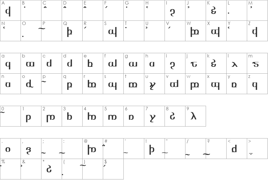 TengwarOptimeDiagon font character map preview