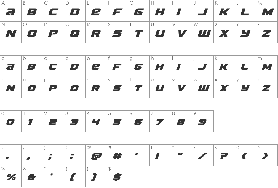 Terran Drop-Case Italic font character map preview