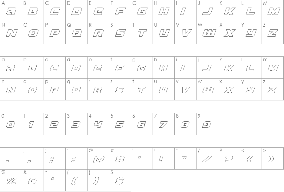 Terran Outline Italic font character map preview