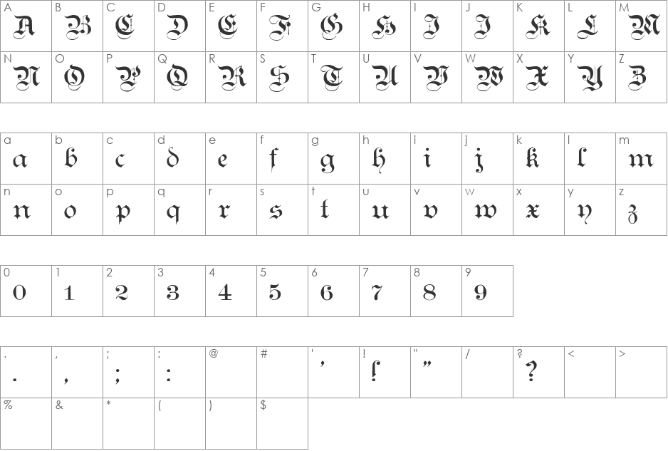 Teutonic No4 font character map preview