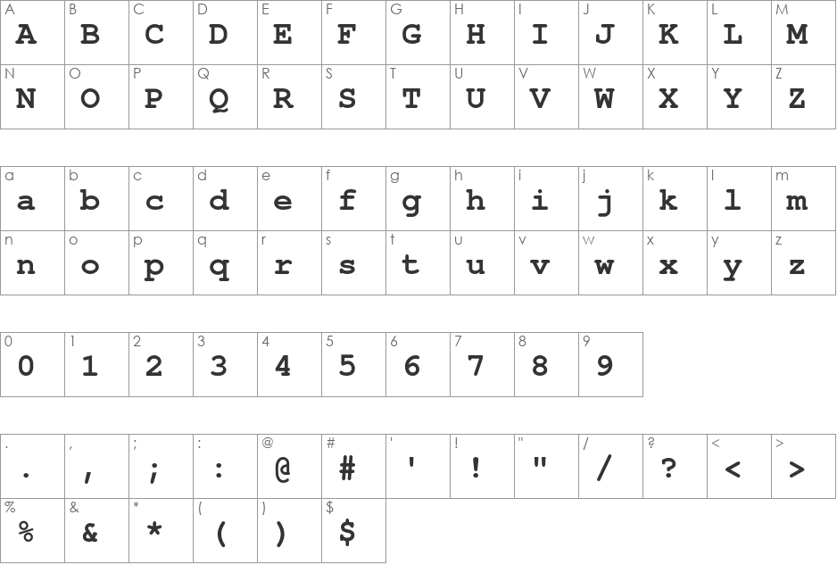 TeX Gyre Cursor font character map preview
