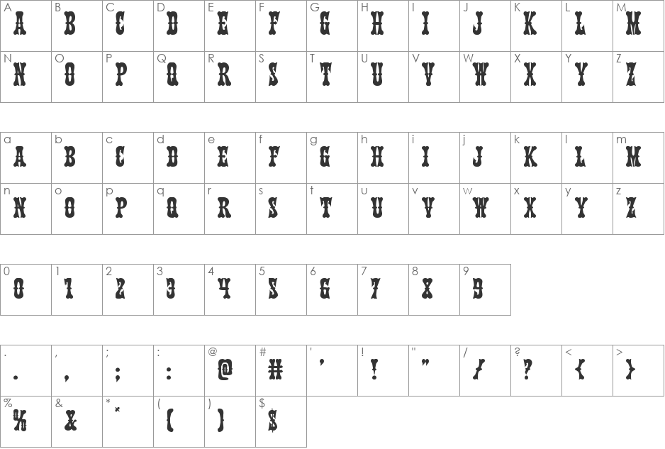 Texas Ranger font character map preview