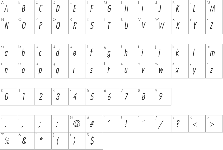 Belmar-CondensedLight-Italic font character map preview