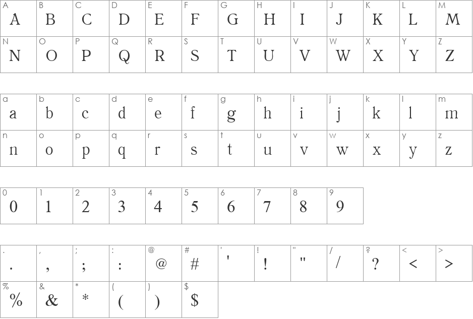 TFGrigolia Letter font character map preview