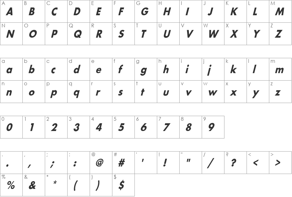 BelmarCndObl-Bo font character map preview