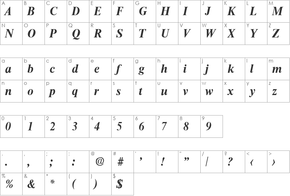 Thames-BoldIta font character map preview