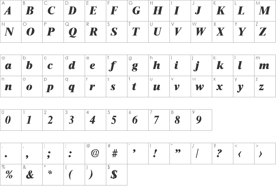 Thames-HeavyIta font character map preview