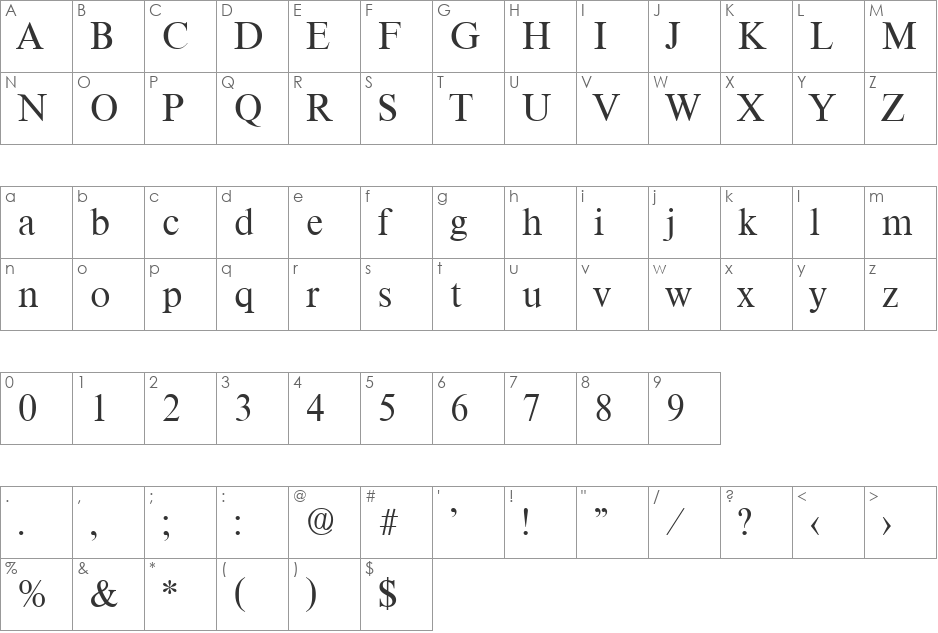 Thames-Regular font character map preview