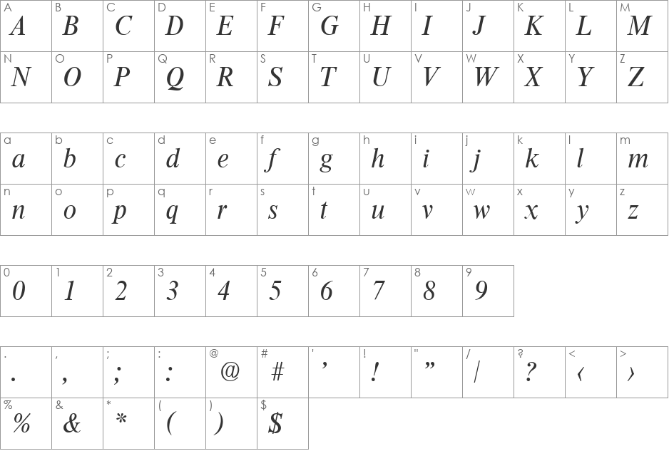 Thames-RegularIta font character map preview