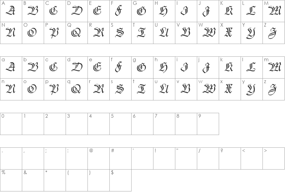 Thannhaeuser Zier font character map preview