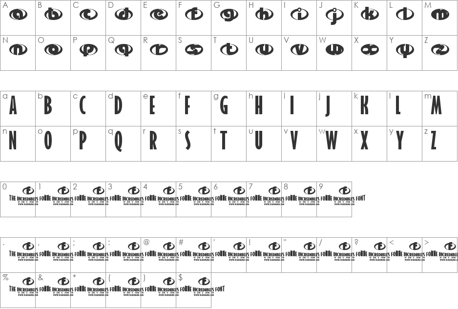 the Incredibles font character map preview