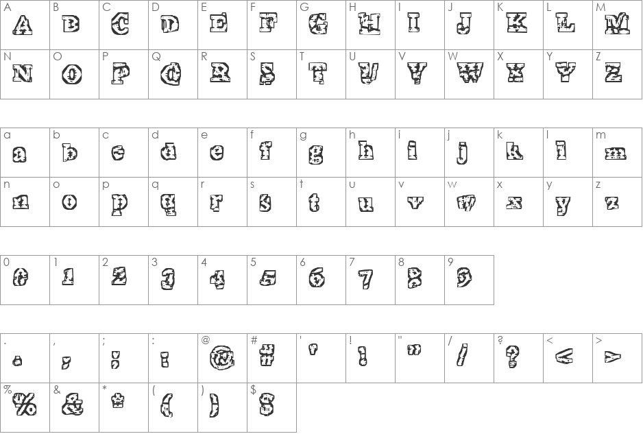 The Interzone font character map preview