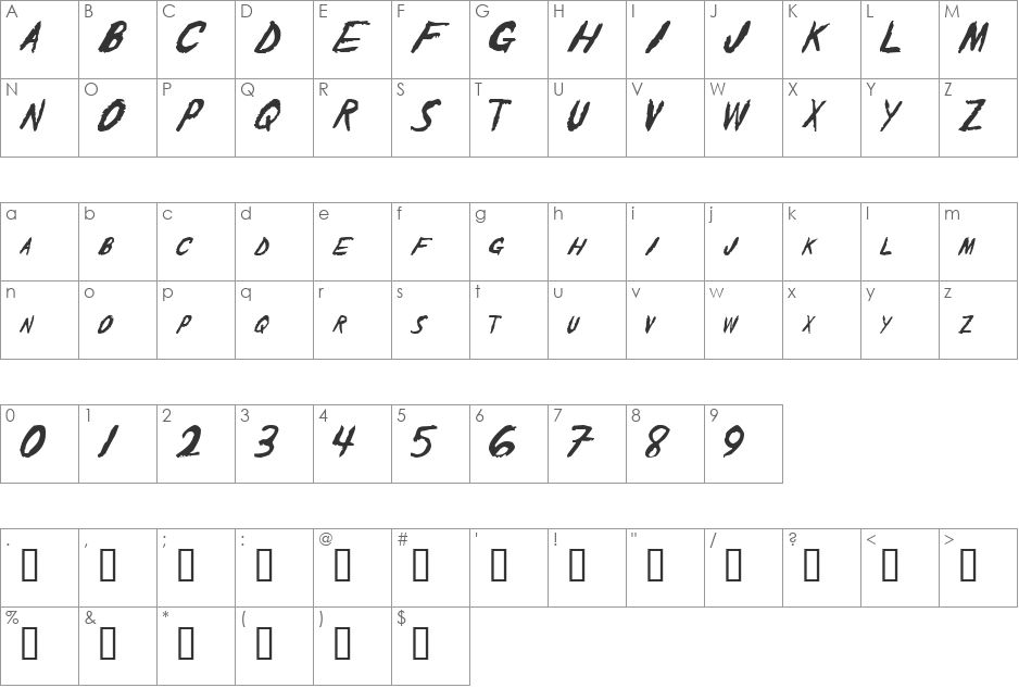 The Shaker font character map preview