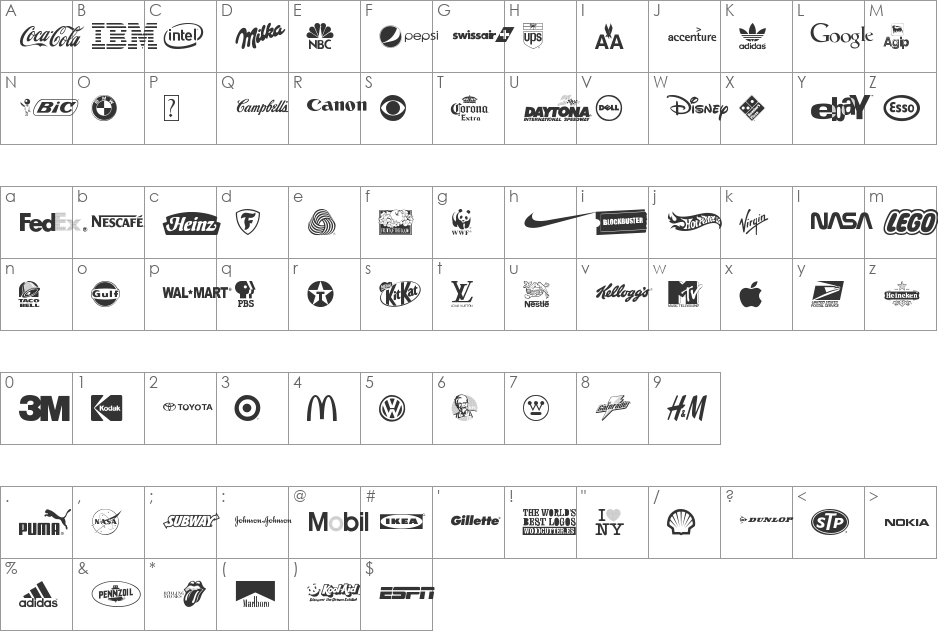 the world's best logos font character map preview