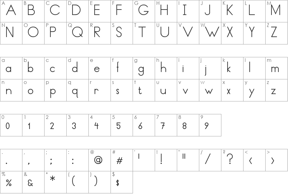 Thin Lines and Curves font character map preview