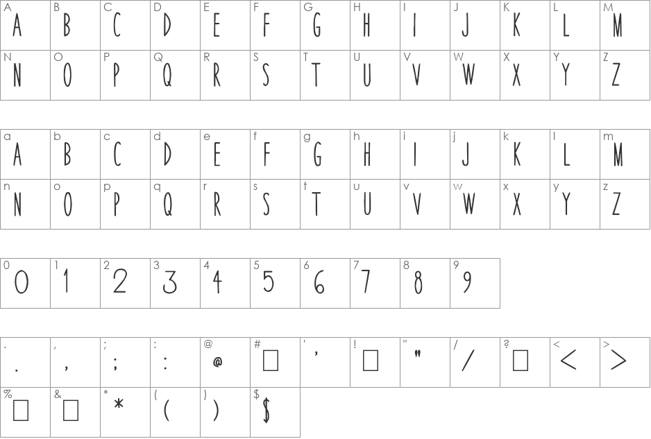 Thin Skinned font character map preview