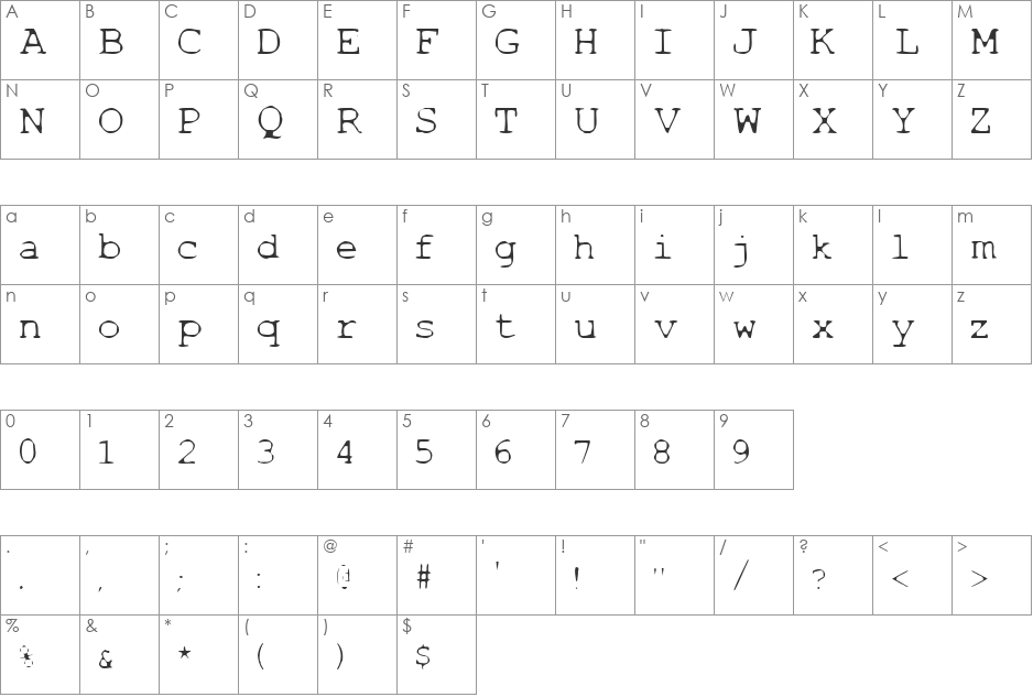 Thinbaby font character map preview