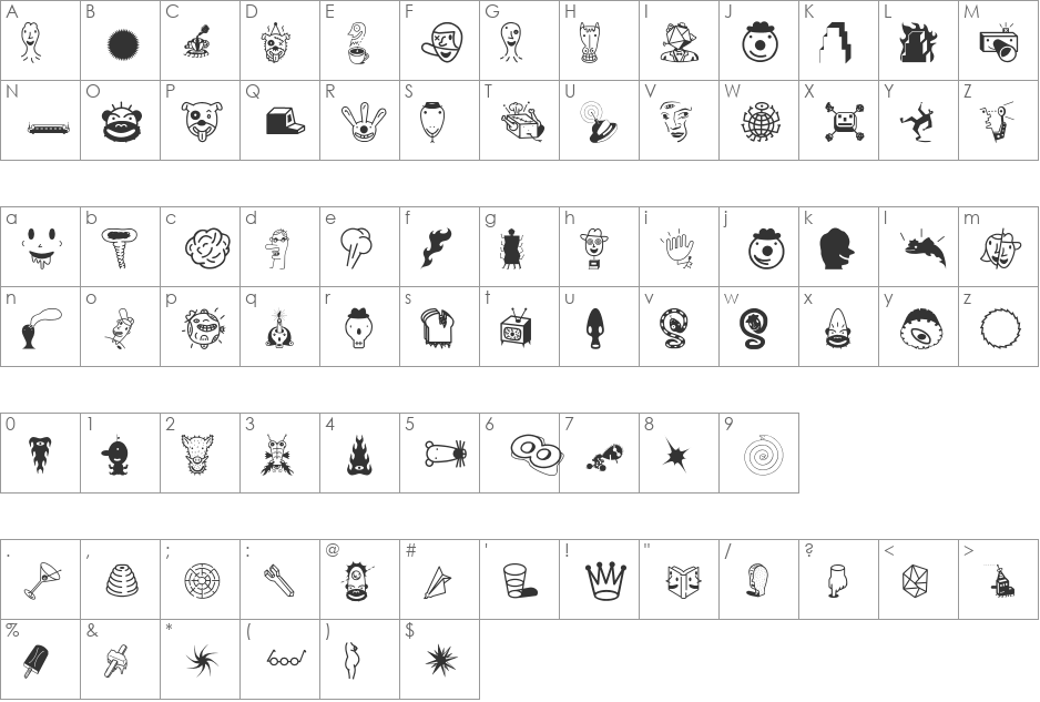 Thingbat font character map preview