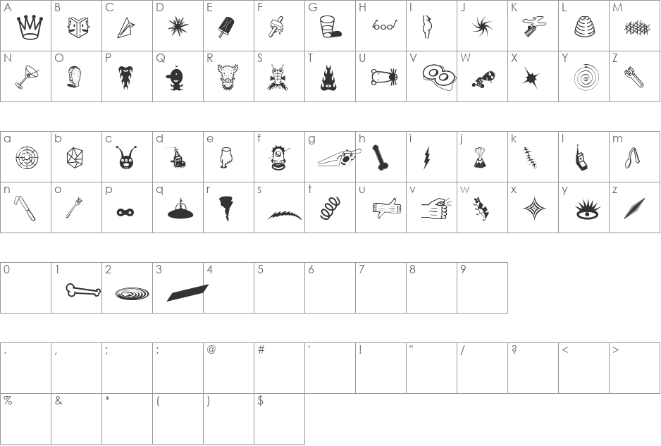 ThingbatTwo font character map preview