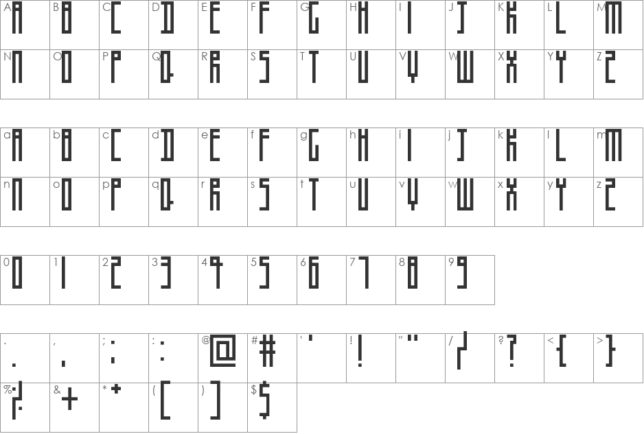 Thinman font character map preview
