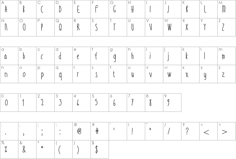 ThinTall font character map preview