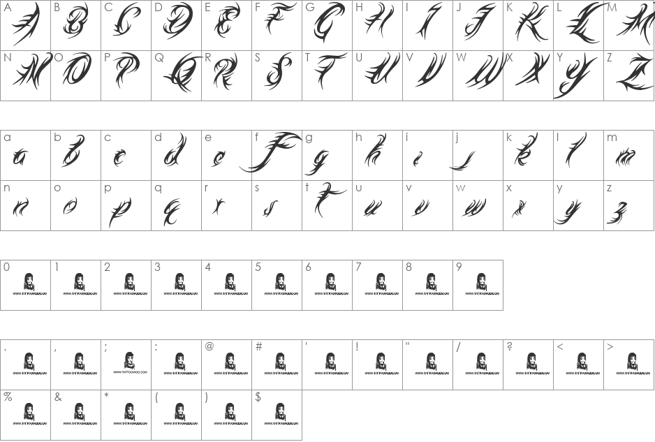 This is Tattoo font character map preview