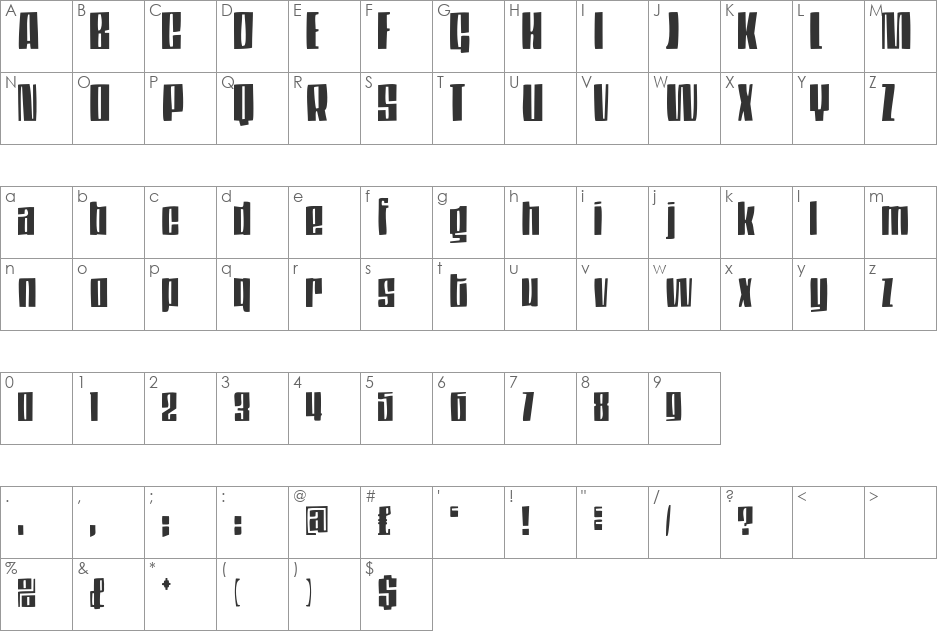 Thompson font character map preview