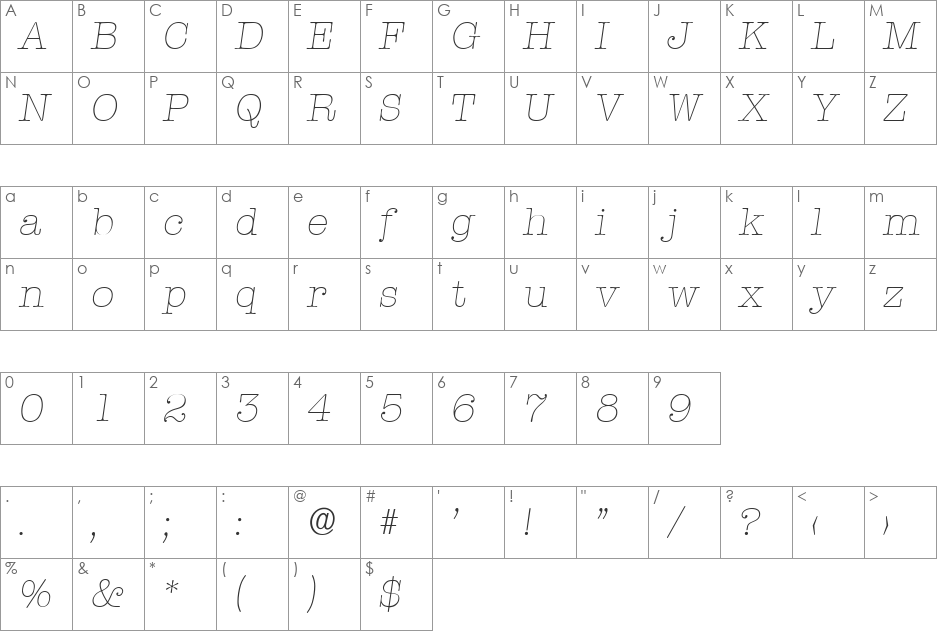 ThorBecker-ExtraLight font character map preview