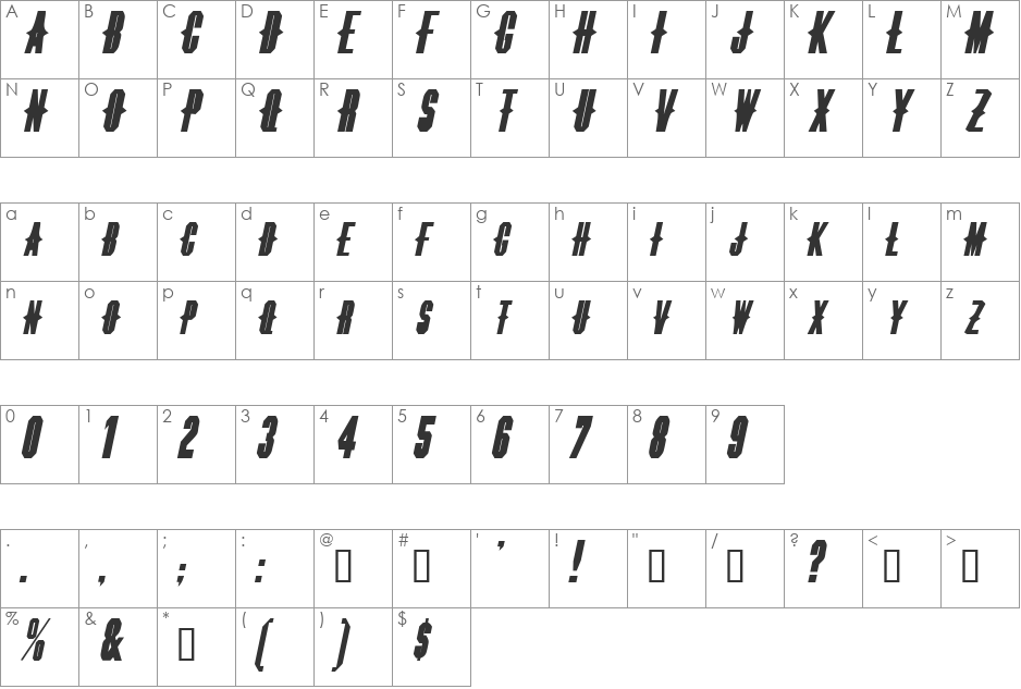 ThornsExtended font character map preview