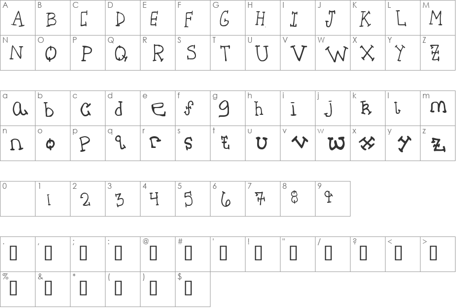 Through The Ivy font character map preview