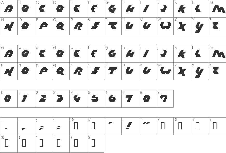 Thrust font character map preview