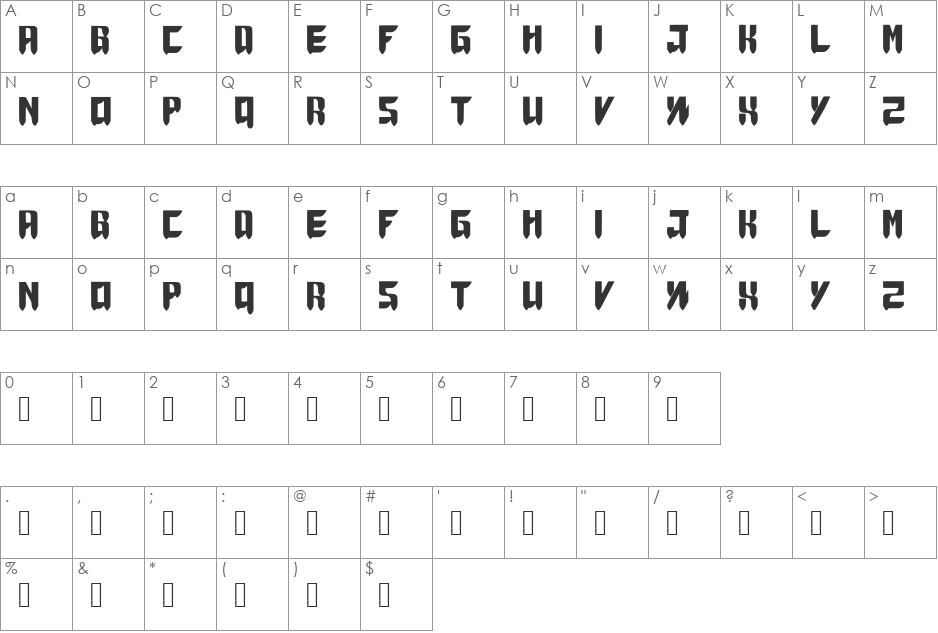 Thunder Force Wannabe ver.1.1 font character map preview