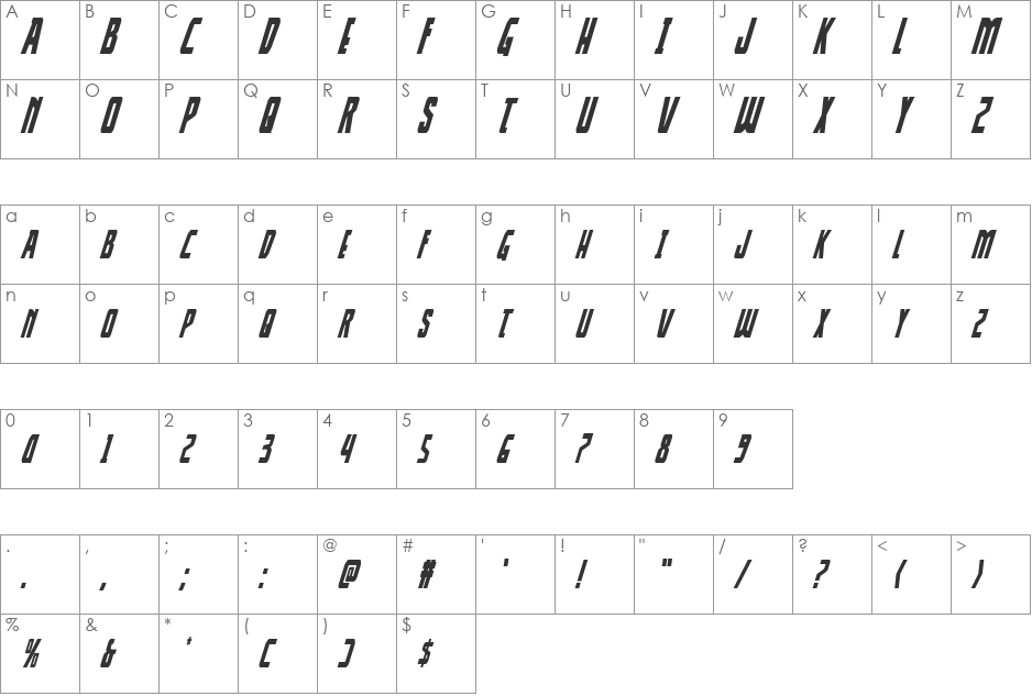 Thunder-Hawk Condensed Italic font character map preview
