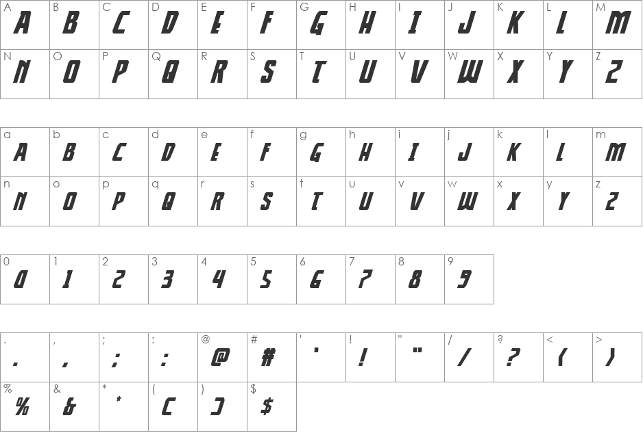 Thunder-Hawk Expanded Italic font character map preview