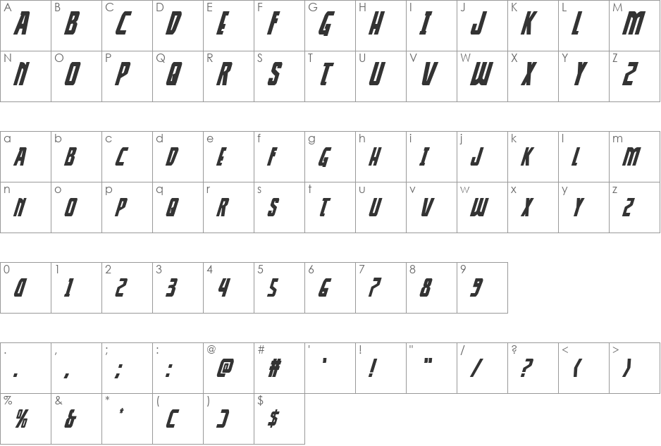 Thunder-Hawk Italic font character map preview