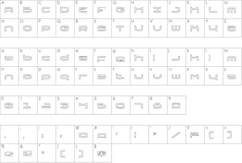 Thundergod Outline font character map preview