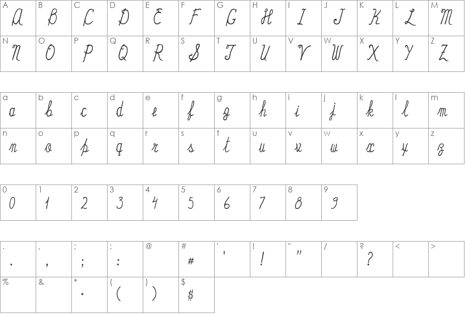 TiaOlga1-manuscript font character map preview