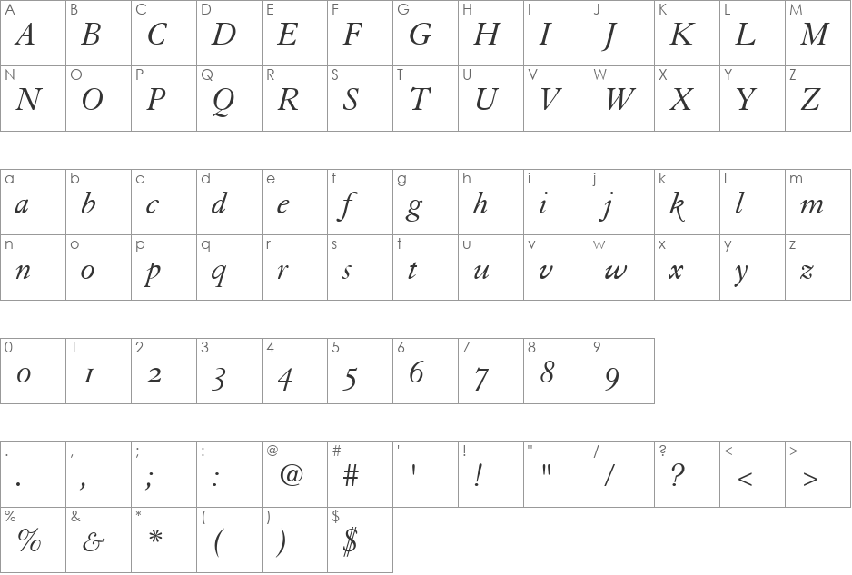 Tiasco OldStyle SSi font character map preview