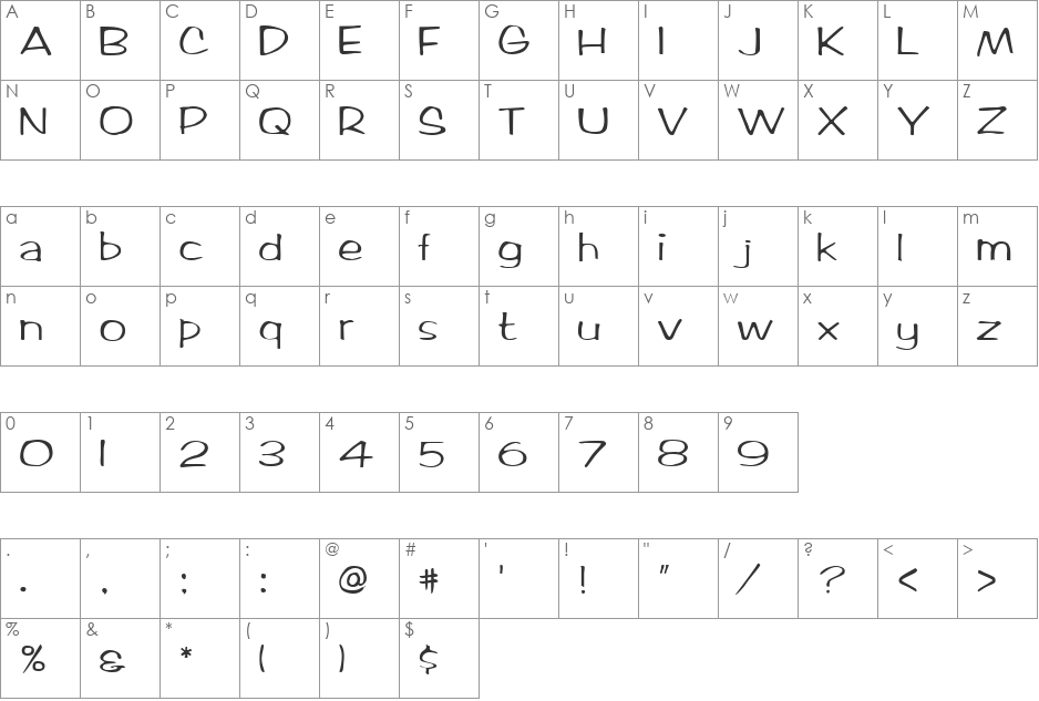 Ticard font character map preview