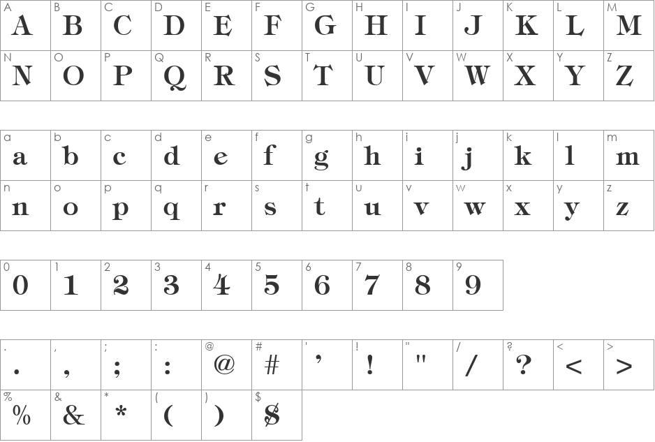 Tiffany Bold font character map preview