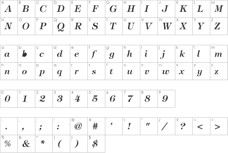 Tiffany Bold Italic font character map preview