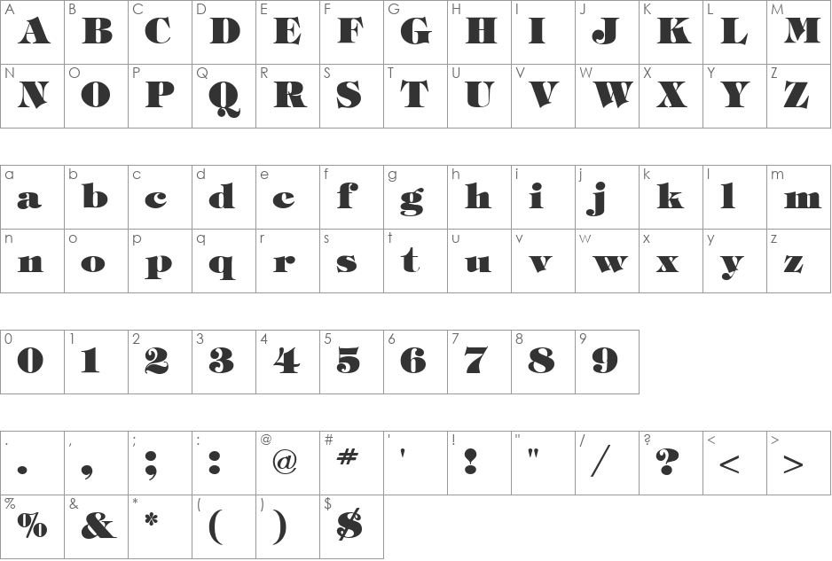 Tiffany Heavy font character map preview