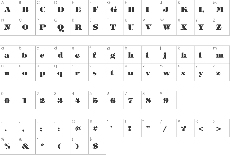 Tiffany Heavy Bold font character map preview