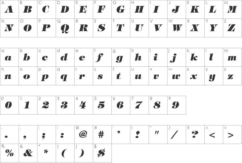 Tiffany Heavy Italic font character map preview